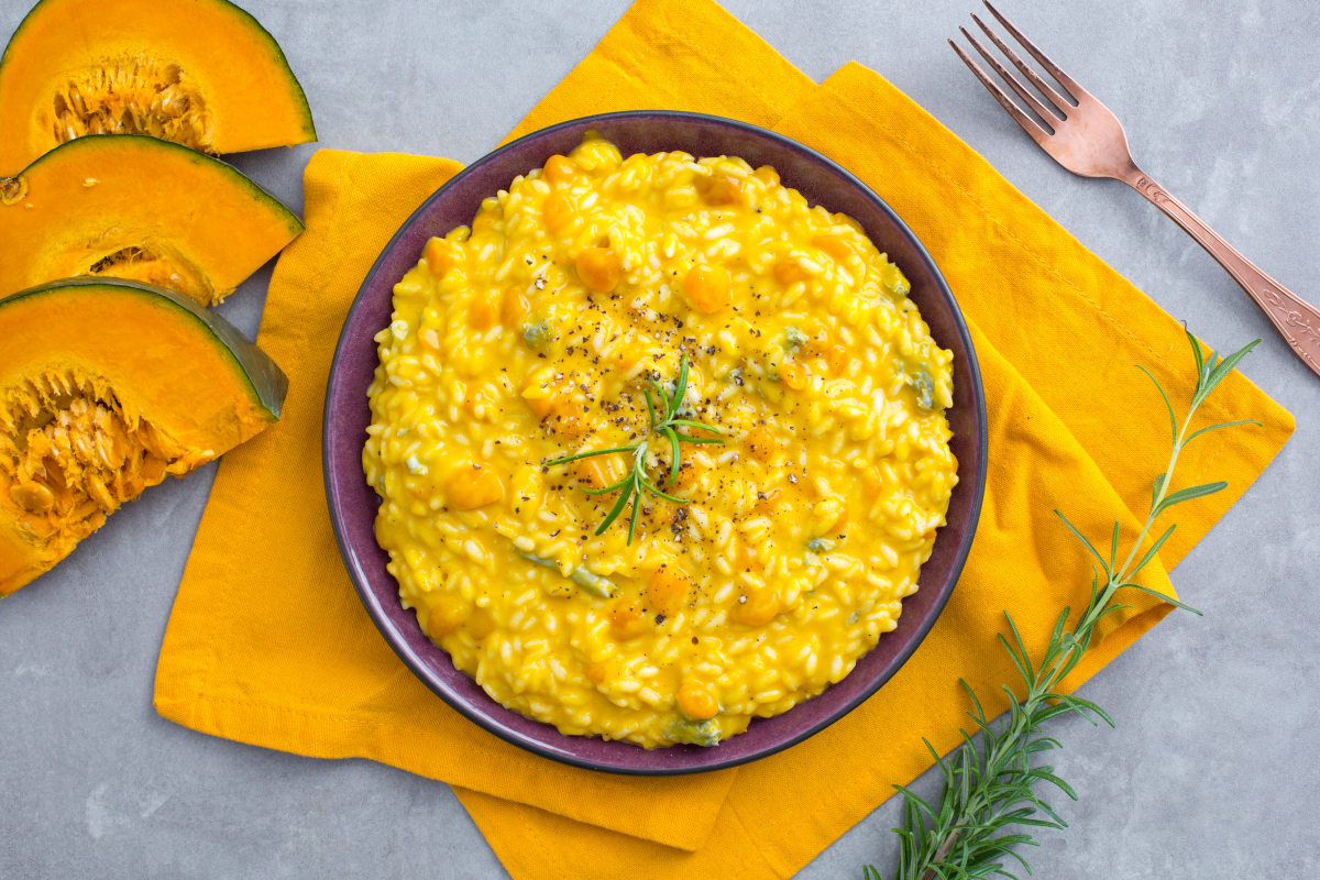 a dish of pumpkin and gorgonzola risotto